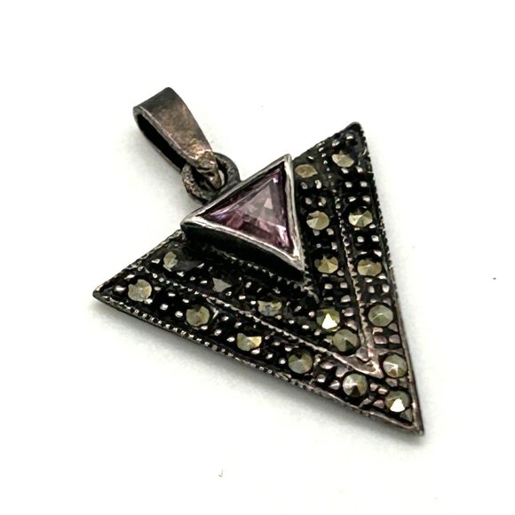 Sterling Silver Arrow Pendant Triangle W/ Purple Glass Crystal & Marcasite  925 - Picture 3 of 9